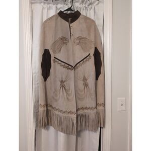 Vtg. Handmade Mexican Poncho Leather Suede ‎ Etched Eagle Design Fringe